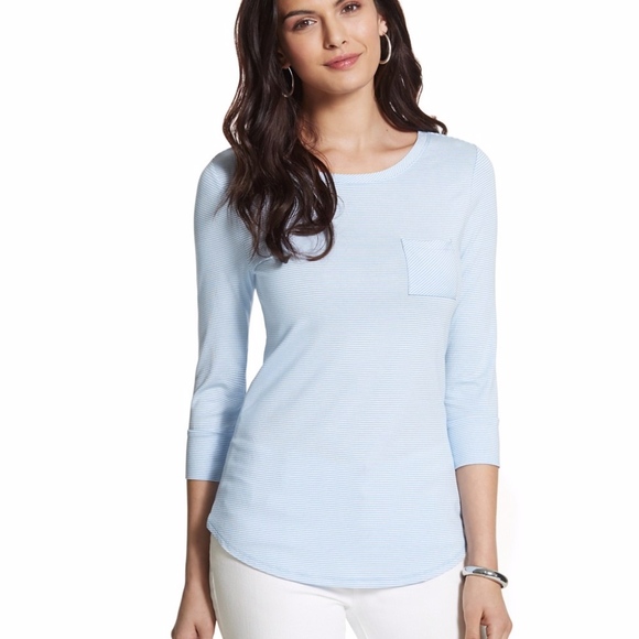 Chico's Striped Pocket Tee Sz M 1 Blue Super Soft - Picture 8 of 8